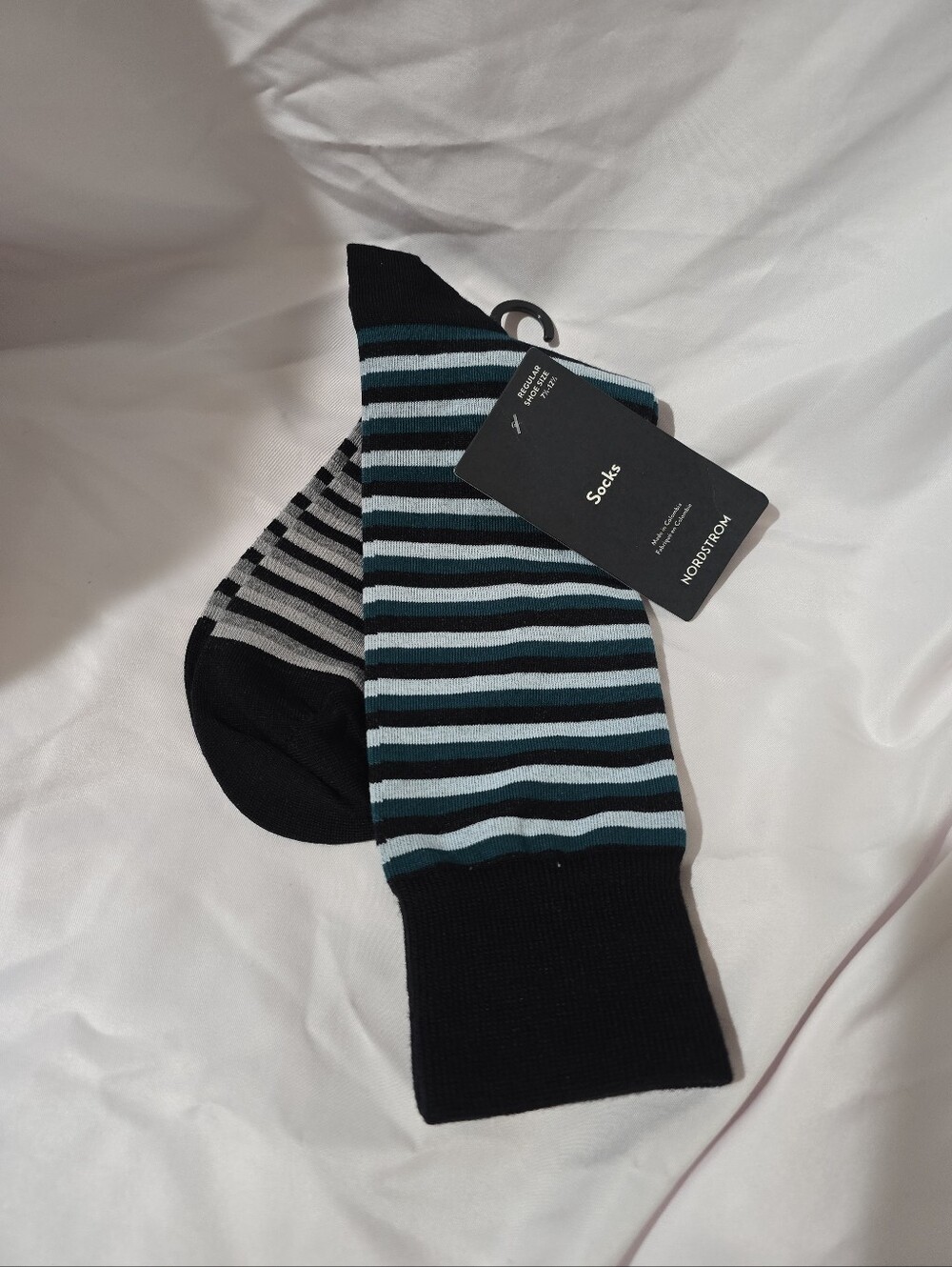 NWT Nordstrom Men's 64% Merino Wool Blend Crew Socks  Teal Gray Tonal Stripes